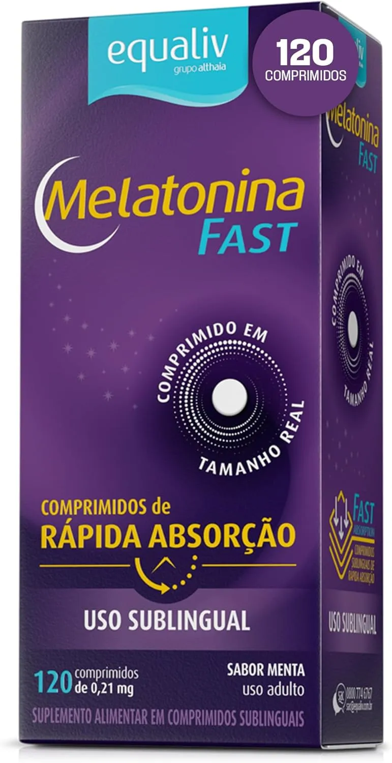 Frasco de melatonina sublingual Equaliv Fast 210mcg menta 120 comprimidos