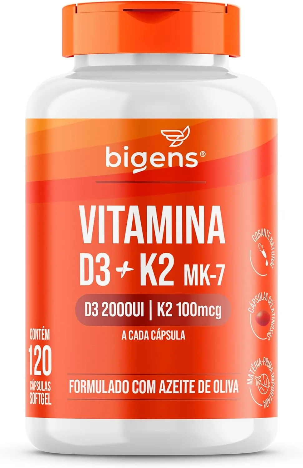 Frasco de vitamina D3 2000UI K2 MK-7 100mcg Biogens 120 cápsulas